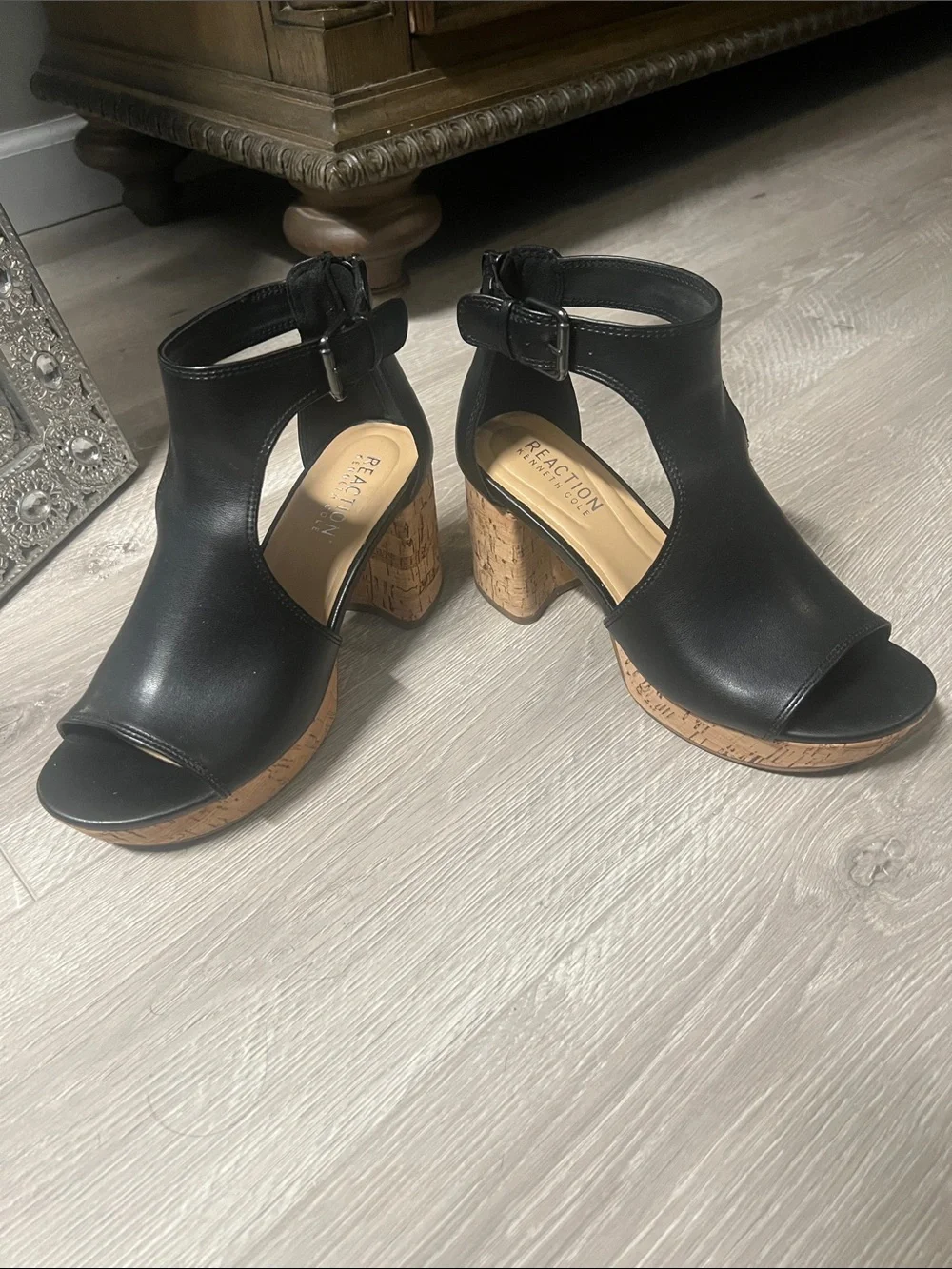 Kenneth Cole Reaction Black Cork Platform Open-Toe Ankle Strap Sandals